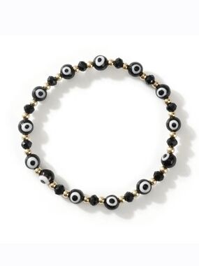 Crystal Rhinestone Black & White Evil Eye Beaded Stretch Bracelet W/ Gold Accent